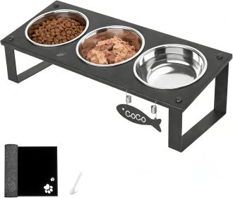 Elevated Cat Bowls with Splash Proof Mat for Kitten Puppy, 10° Tilted Raised Cat Bowl Stand Anti-Vomiting, 2 Wide Shallow Stainless Steel Bowls (Color: Black-3bowls)