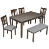 6 Piece Kitchen Dining Set, Rectangular Wooden Dining Table with 4 Upholstered Chairs and a Bench, Dining Table Set for 6 People, Living Room